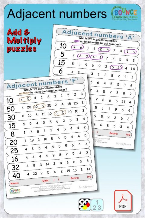 Adjacent numbers fun addition & multiplication exercises