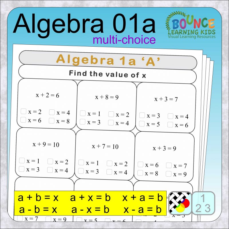 Fun Algebra 1a worksheets with 72 practice questions