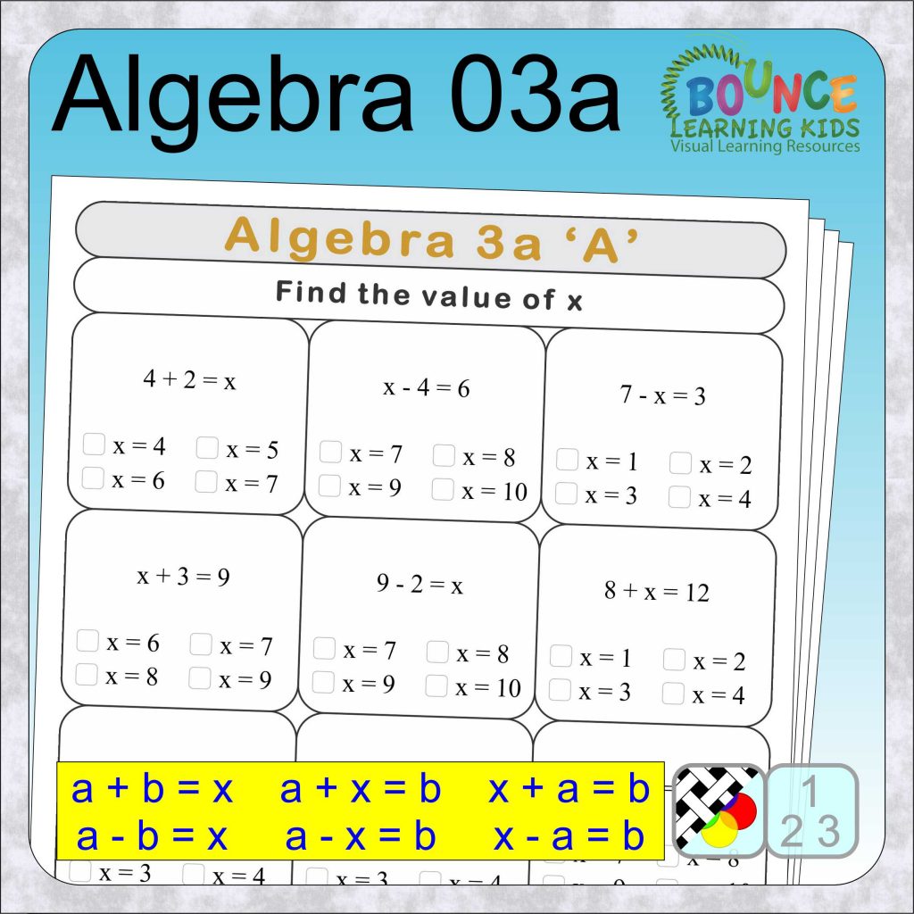 Fun Algebra 3a worksheets with 72 practice questions
